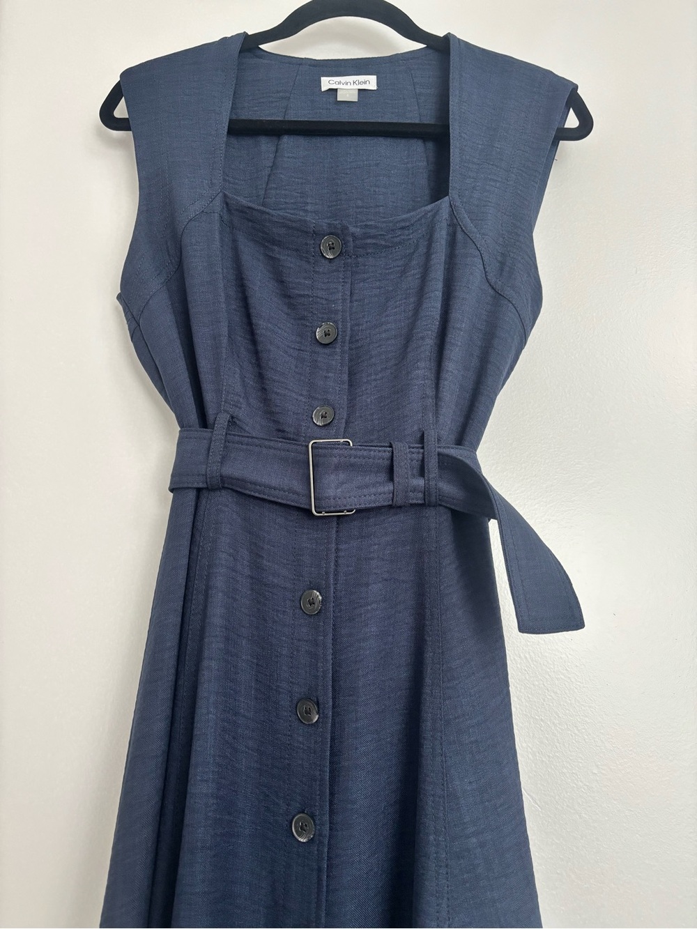 Calvin Klein Navy Sleeveless Button-Front Belted Dress